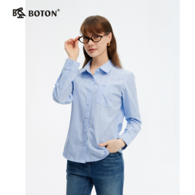 波顿女士春夏季蓝白色格子长袖衬衫高端美式休闲复古衬衣LS059125