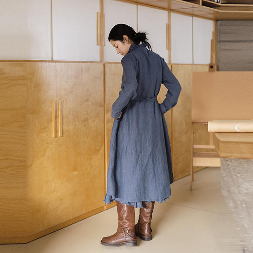 绽放049朵/色织亚麻双层毛边文艺长袖连衣裙女春季新款简约长裙子 商品图3