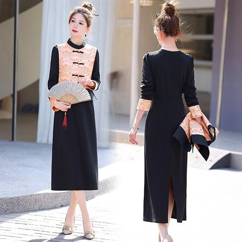 丁摩 新中式风复古盘扣马甲丝绒连衣裙套装女春秋显瘦长裙两件套5ZF-12643 商品图2