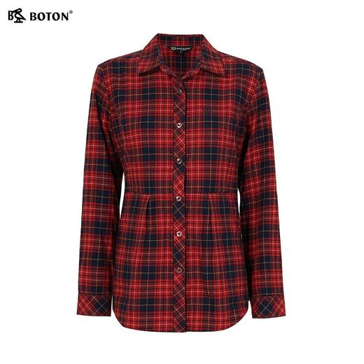 波顿女士春秋冬季翻领长袖磨毛格子衬衫合身显瘦休闲百搭衬衣LS106325 商品图5