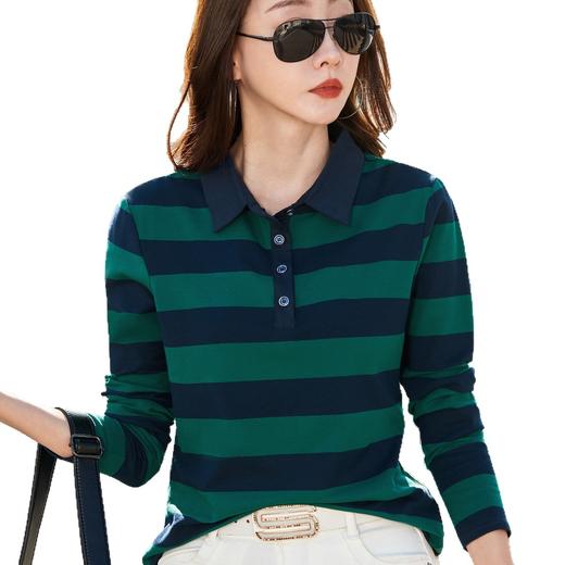 百媚生 棉质粗条纹翻领长袖T恤82608 商品图1