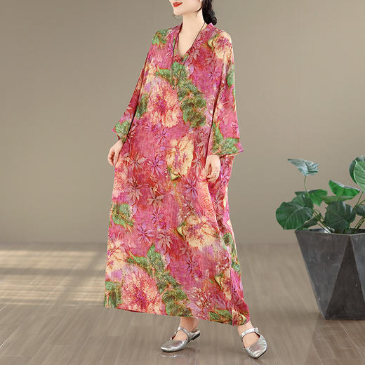 百媚生 V领印花袍子长裙女遮肉显瘦棉麻连衣裙5254 商品图1
