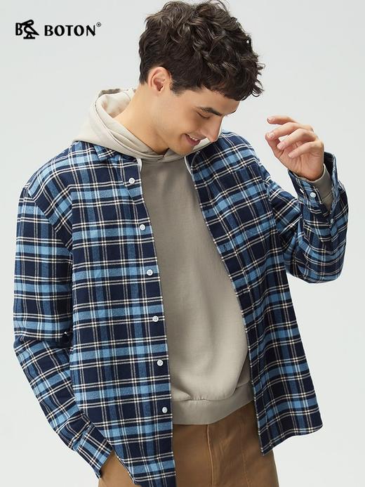 【抗菌防臭】波顿男士春冬秋季磨毛格子长袖衬衫修身休闲舒适衬衣MS131325 商品图3