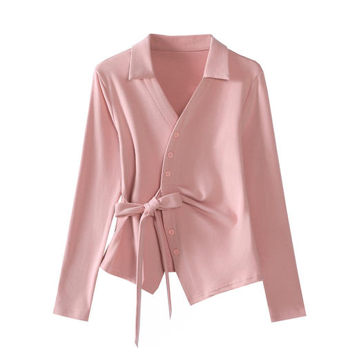 百媚生 棉质翻领长袖T恤收腰系带上衣6652 商品图4