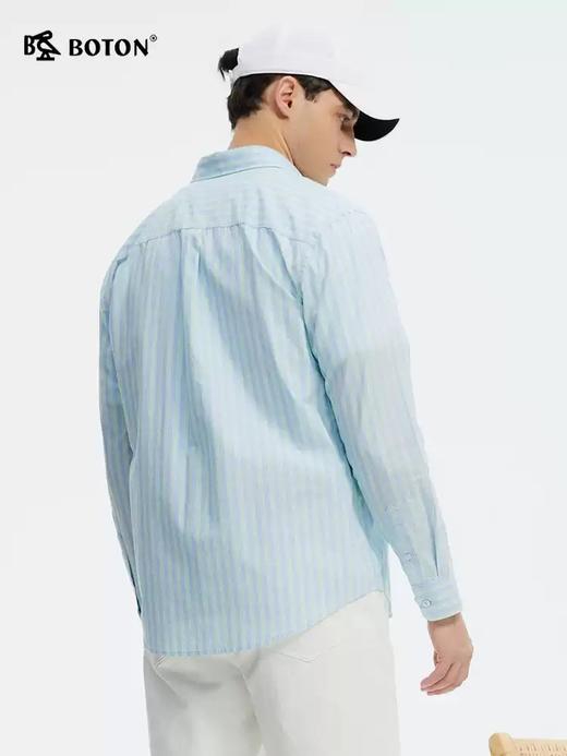 波顿男士春夏季长袖衬衣 蓝绿条纹纯棉舒爽百搭款MS093125 商品图3