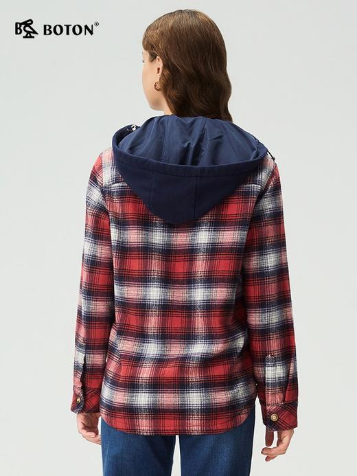 波顿女士秋冬季宽松可拆帽格子衬衫型外套百搭长袖磨毛外套LSJ090325 商品图1