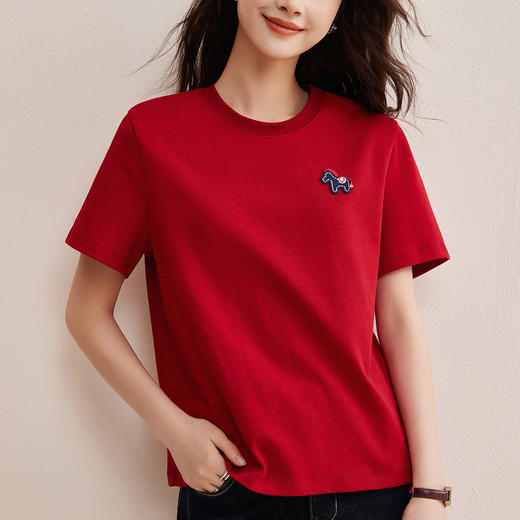 丁摩 95%棉早春新款韩系卡通刺绣圆领短袖T恤女半袖打底衫巨好看的上衣5ZF-W20 商品图3