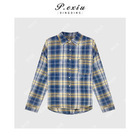 04-6潘依绣丁丁宠粉美式复古黄蓝撞色格子衬衣 Q45042