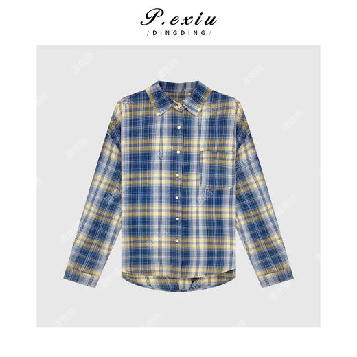 04-6潘依绣丁丁宠粉美式复古黄蓝撞色格子衬衣 Q45042 商品图0