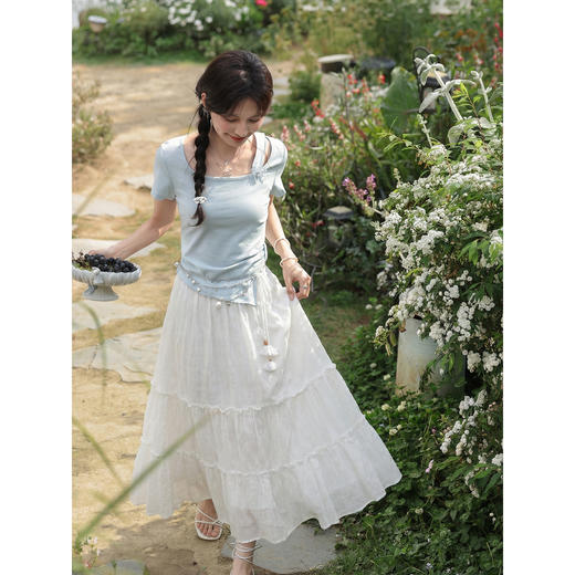 鹿向南「素纱映蕾」米白色A字半身裙女春季新款蛋糕裙显瘦长裙子 商品图2