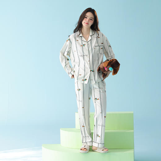 【品牌直发 换季焕新】芬腾情侣睡衣春秋季纯棉条纹长袖套装时尚休闲宽松家居服 商品图1