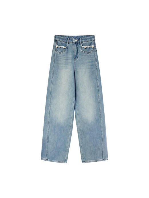 珍珠链平口袋蓝色阔腿裤 商品图0