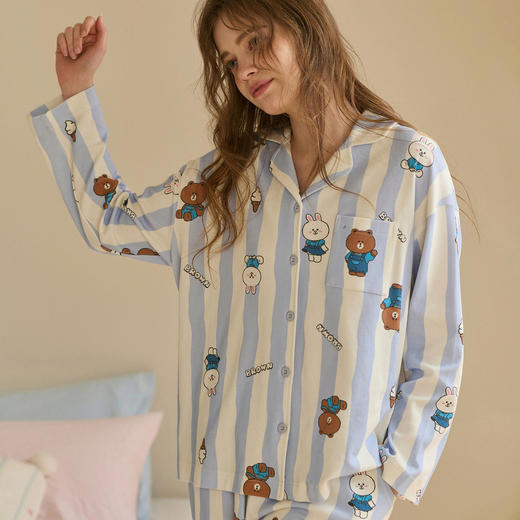 【品牌直发 换季焕新】芬腾女士睡衣春秋季纯棉条纹长袖套装可爱布朗熊休闲舒适家居服女 商品图1