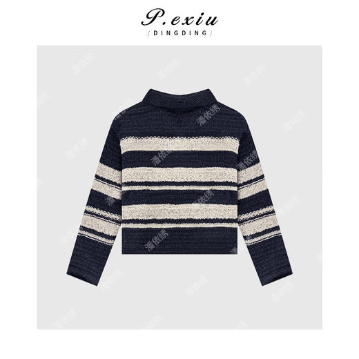A008潘依绣丁丁宠粉PanYiXiu/潘依绣【蓝调清晨】羊-毛减龄慵懒翻领条纹针织毛衣L2531 商品图2