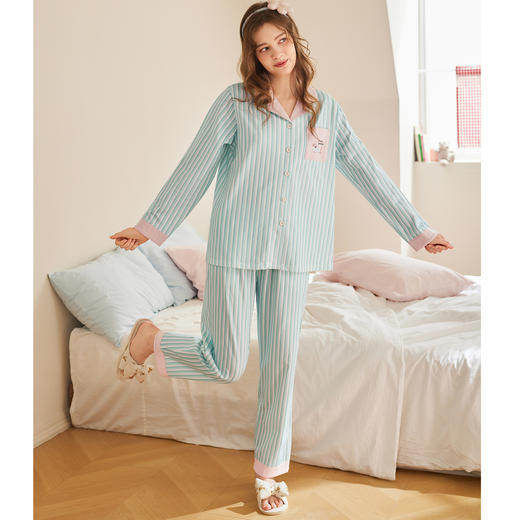 【品牌直发 换季焕新】芬腾女士纯棉长袖睡衣居家春秋季全棉休闲宽松条纹开衫家居服套装 商品图4