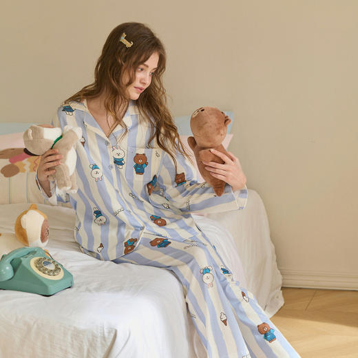 【品牌直发 换季焕新】芬腾女士睡衣春秋季纯棉条纹长袖套装可爱布朗熊休闲舒适家居服女 商品图0
