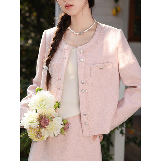 鹿向南「悄然心动」粉色长袖短外套显瘦短半裙春季新款时尚套装女 商品图2