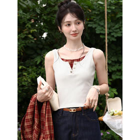 鹿向南「云絮软格」米白色假两件吊带上衣春季款设计感显瘦背心女