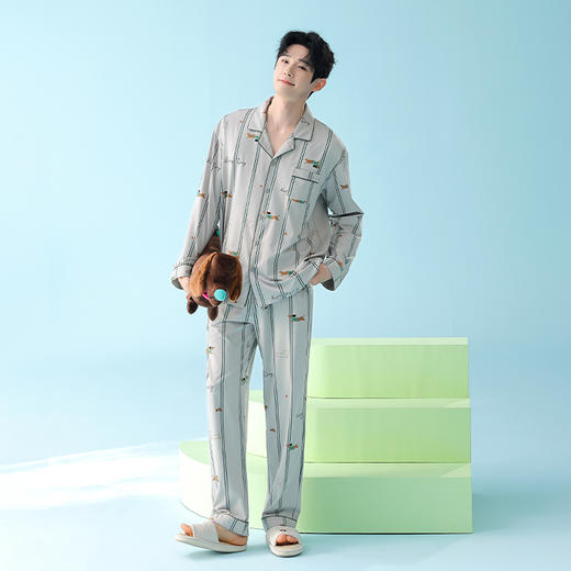 【品牌直发 换季焕新】芬腾情侣睡衣春秋季纯棉条纹长袖套装时尚休闲宽松家居服 商品图0