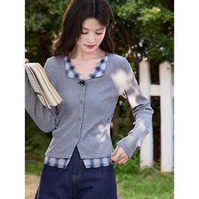 鹿向南「雅灰浅梦」灰色长袖翻领T恤女春季新款时尚百搭开衫上衣