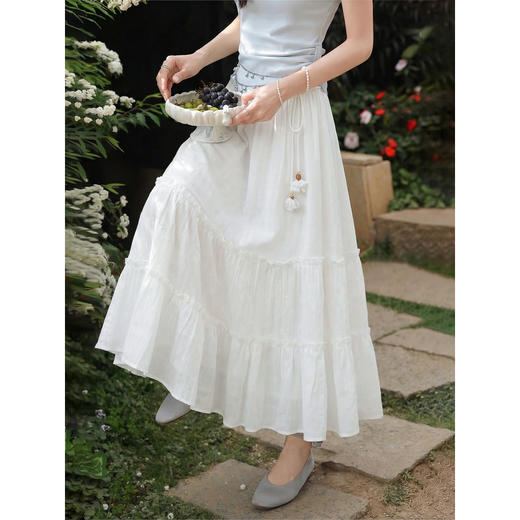 鹿向南「素纱映蕾」米白色A字半身裙女春季新款蛋糕裙显瘦长裙子 商品图0