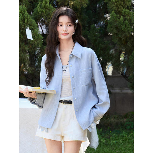 鹿向南「晴风衬蓝」设计感花边蓝色衬衫女春新款气质长恤开衫上衣 商品图2