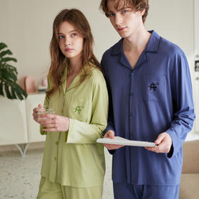 芬腾情侣睡衣春秋季纯棉翻领开衫长袖套装男款简约休闲女士家居服