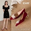 ZHR则则红色婚鞋女鞋2026新款轻奢优雅珠花尖头舒适粗跟单鞋婚礼 商品缩略图0