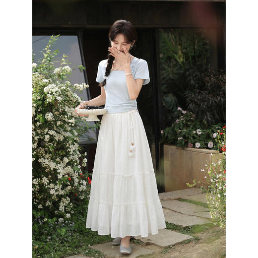 鹿向南「素纱映蕾」米白色A字半身裙女春季新款蛋糕裙显瘦长裙子 商品图1