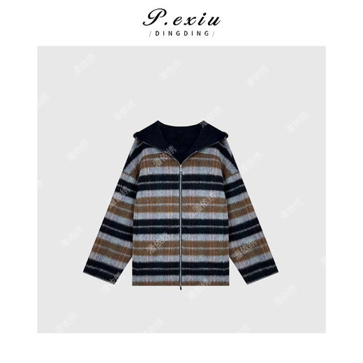 A008潘依绣丁丁宠粉【冬日序曲】羊驼-毛撞色条纹减龄感连帽毛呢外套 ZX24207 商品图1