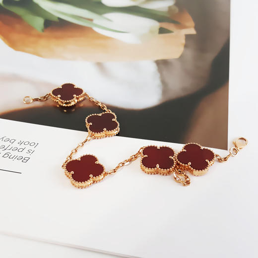 【95新】VCA梵克雅宝Vintage Alhambra系列VCARD35500 18K黄金镶红玉髓四叶草红五花手链 链长约19cm女士020226TB08 商品图4