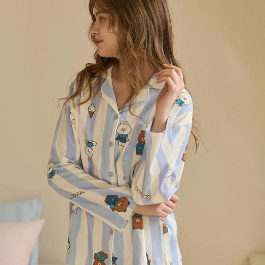 【品牌直发 换季焕新】芬腾女士睡衣春秋季纯棉条纹长袖套装可爱布朗熊休闲舒适家居服女 商品图2