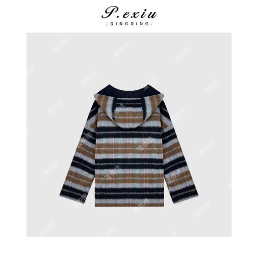 A008潘依绣丁丁宠粉【冬日序曲】羊驼-毛撞色条纹减龄感连帽毛呢外套 ZX24207 商品图2