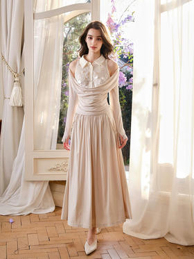 杏色贝壳装饰抽褶修身针织半裙