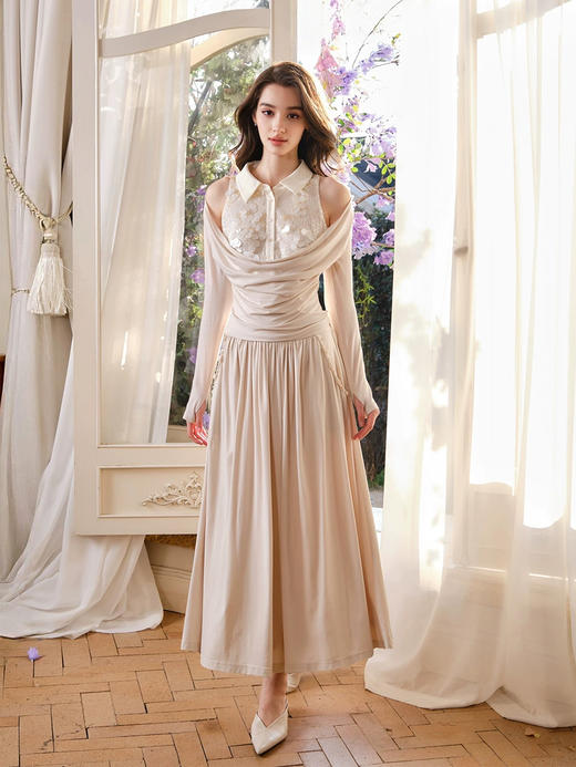 杏色贝壳装饰抽褶修身针织半裙 商品图0