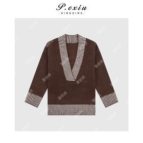 A008潘依绣丁丁宠粉复古撞色条纹设计感V领针织毛衣 L2530