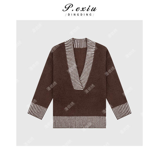 A008潘依绣丁丁宠粉复古撞色条纹设计感V领针织毛衣 L2530 商品图0