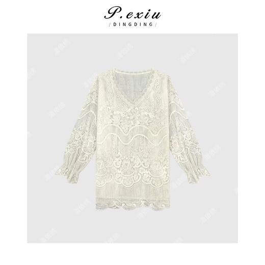 04-1潘依绣丁丁宠粉法式风重工全蕾丝绣花长袖T恤 Q45033 商品图1