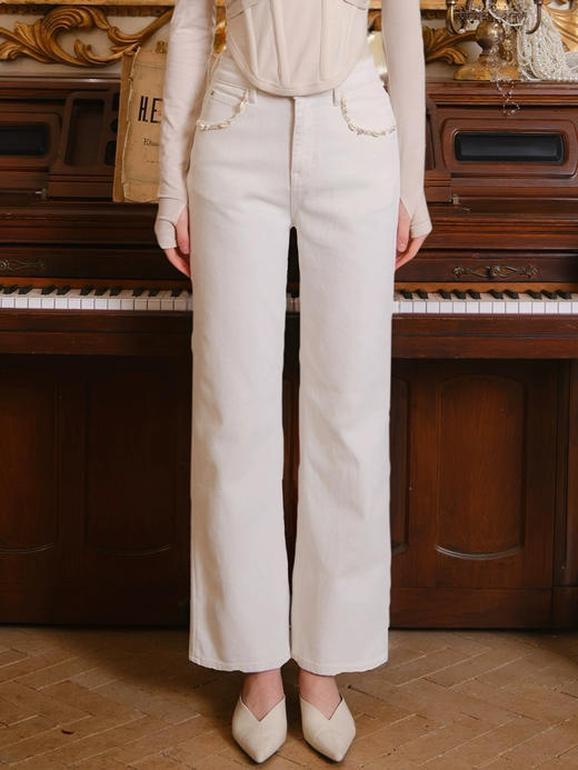 贝壳织带米白直筒长裤 商品图0