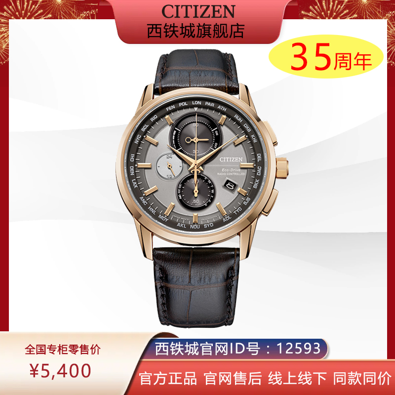 西铁城光动能电波万年历时尚皮带男表AT8113-12H