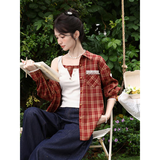 鹿向南「云絮软格」米白色假两件吊带上衣春季款设计感显瘦背心女 商品图4