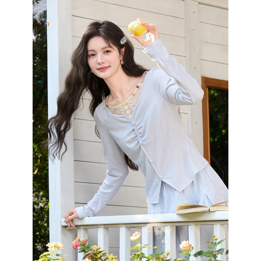 鹿向南「清韵佳人」浅蓝色T恤女春季洋气小清新长袖内搭打底上衣 商品图4