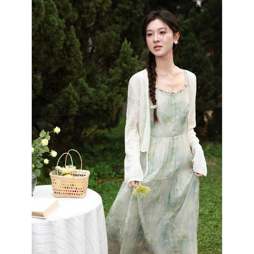 鹿向南「只此青绿」杏色长袖针织衫女春季宽松短款镂空开衫上衣 商品图1