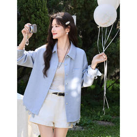 鹿向南「晴风衬蓝」设计感花边蓝色衬衫女春新款气质长恤开衫上衣