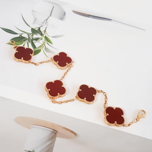 【95新】VCA梵克雅宝Vintage Alhambra系列VCARD35500 18K黄金镶红玉髓四叶草红五花手链 链长约19cm女士020226TB08 商品图3