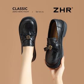ZHR真皮山茶花英伦风小皮鞋2026春季新款通勤女鞋百搭单鞋乐福鞋