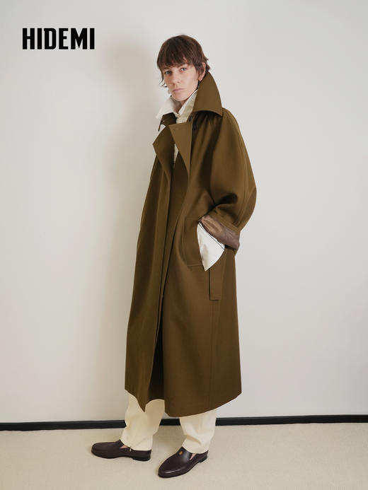 HIDEMI 设计感美丽奴羊毛镰刀袖松弛感大翻领长款风衣外套 商品图4