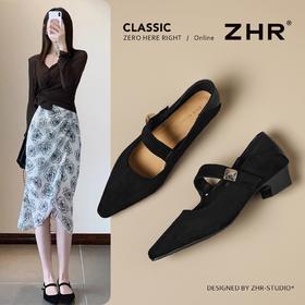 ZHR则则尖头方扣粗跟玛丽珍鞋女鞋2026新款法式优雅简约浅口单鞋