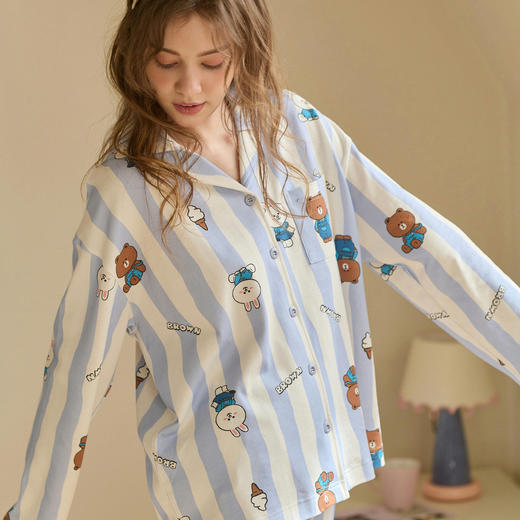 【品牌直发 换季焕新】芬腾女士睡衣春秋季纯棉条纹长袖套装可爱布朗熊休闲舒适家居服女 商品图4