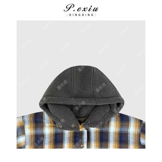 100%棉韩系男友风格纹拼接摇粒绒连帽夹棉外套M9157 商品图2